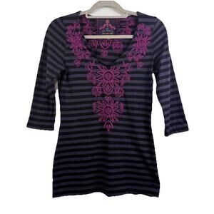 Johnny Was Striped Floral Embroidered T-Shirt Small Tunic 3/4 Sleeve V Neck Boho